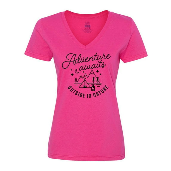 Inktastic Adventure Awaits Outside in Nature with Tent and Mountains Women's V-Neck T-Shirt