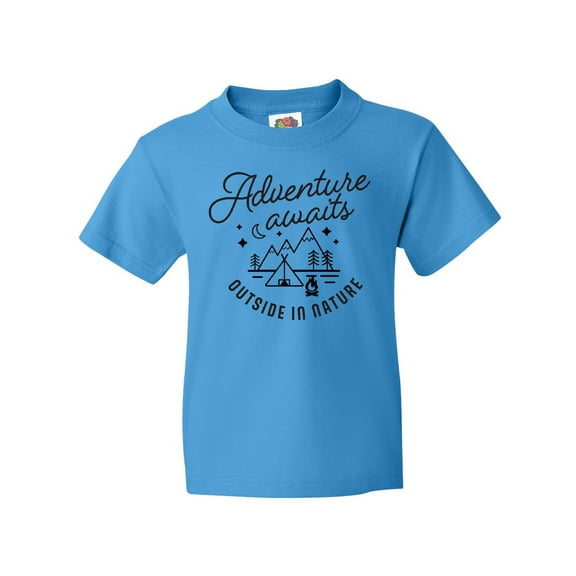 Inktastic Adventure Awaits Outside in Nature with Tent and Mountains Youth T-Shirt