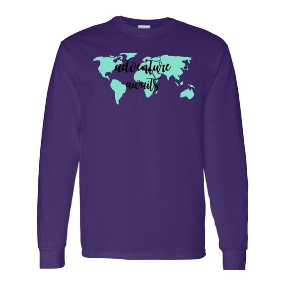 Inktastic Adventure Awaits Teal World Map Long Sleeve T-Shirt