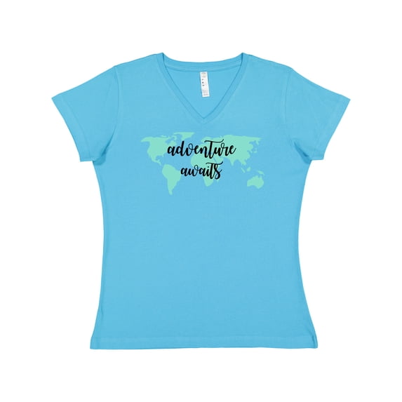 Inktastic Adventure Awaits Teal World Map Women's V-Neck T-Shirt