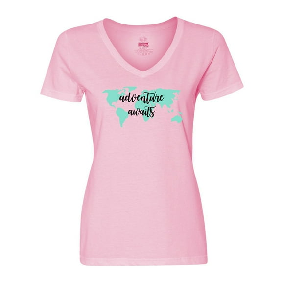 Inktastic Adventure Awaits Teal World Map Women's V-Neck T-Shirt