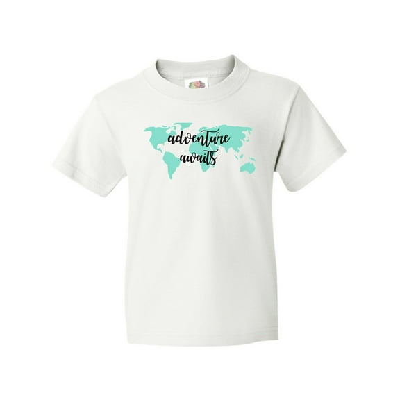 Inktastic Adventure Awaits Teal World Map Youth T-Shirt