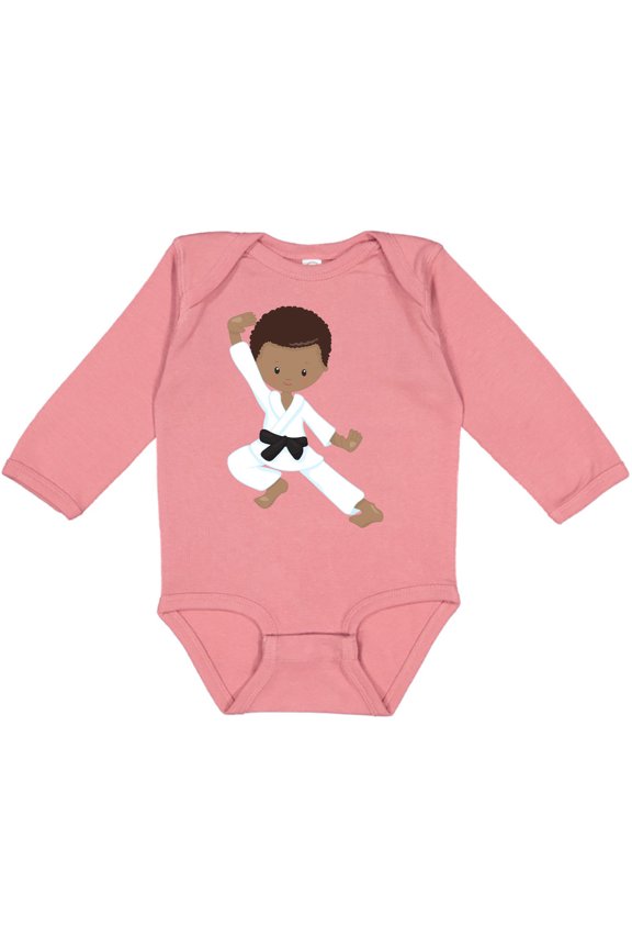 African American Boy, Black Belt, Karate Pose Boys Long Sleeve Baby Bodysuit