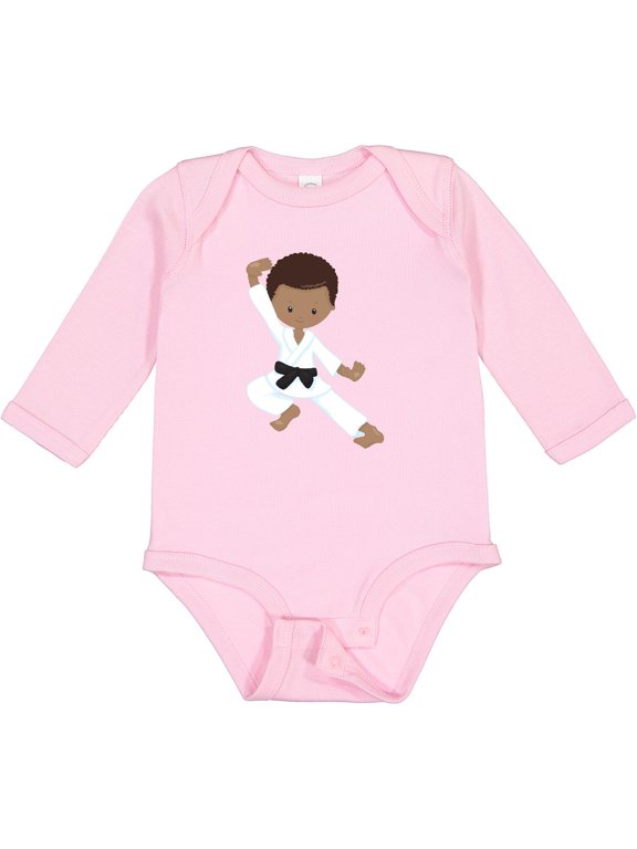 African American Boy, Black Belt, Karate Pose Boys Long Sleeve Baby Bodysuit