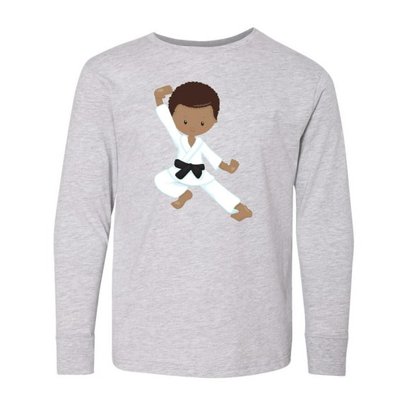 Inktastic African American Boy, Black Belt, Karate Pose Long Sleeve Youth T-Shirt