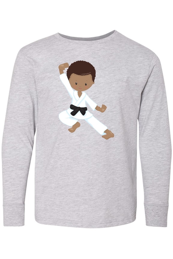 African American Boy, Black Belt, Karate Pose Long Sleeve Youth T-Shirt