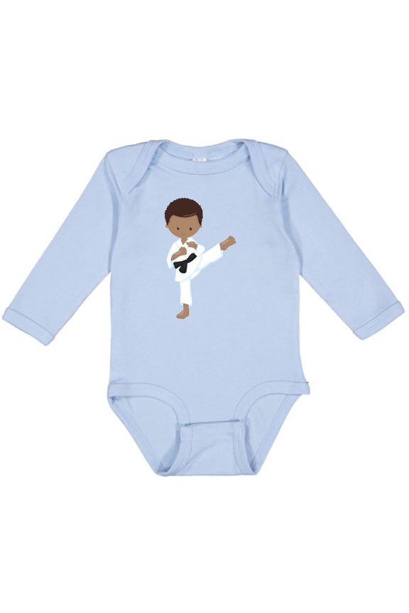African American Boy, Karate Pose, Black Belt Boys Long Sleeve Baby Bodysuit