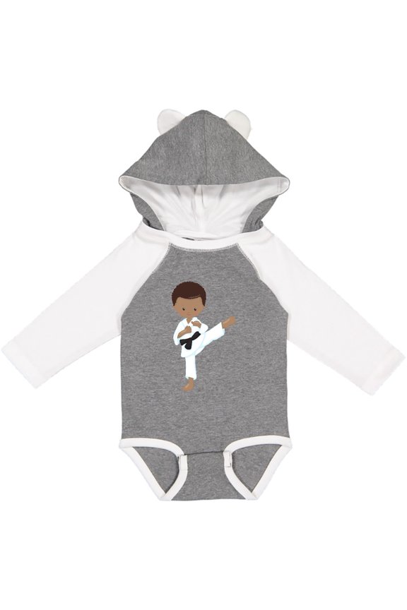 African American Boy, Karate Pose, Black Belt Boys Long Sleeve Baby Bodysuit