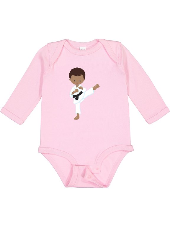 African American Boy, Karate Pose, Black Belt Boys Long Sleeve Baby Bodysuit