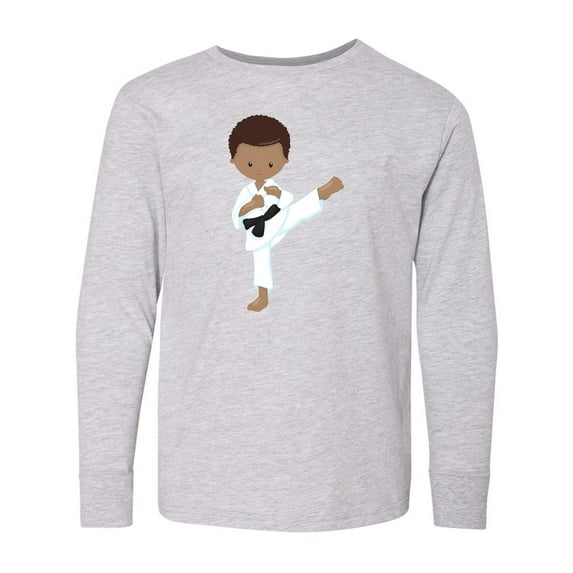 Inktastic African American Boy, Karate Pose, Black Belt Long Sleeve Youth T-Shirt