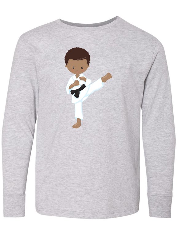 African American Boy, Karate Pose, Black Belt Long Sleeve Youth T-Shirt