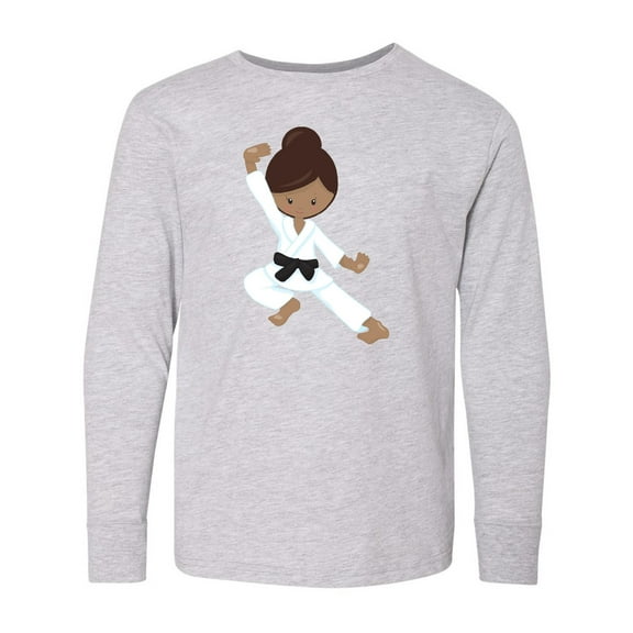 Inktastic African American Girl, Black Belt, Karate Pose Long Sleeve Youth T-Shirt