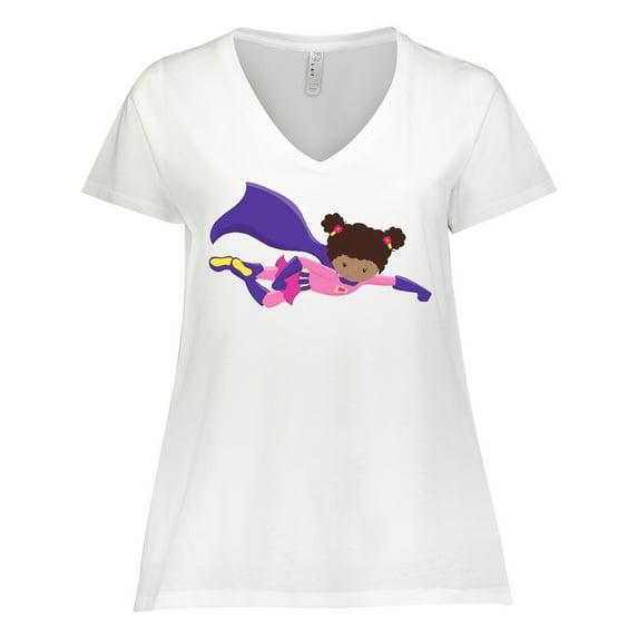Inktastic African American Girl, Purple Cape, Superhero Girl Women's Plus Size V-Neck T-Shirt