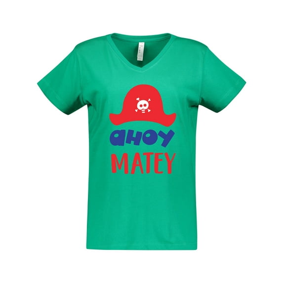 Inktastic Ahoy Matey, Pirate Hat, Skull and Bones - Red Blue Women's V-Neck T-Shirt