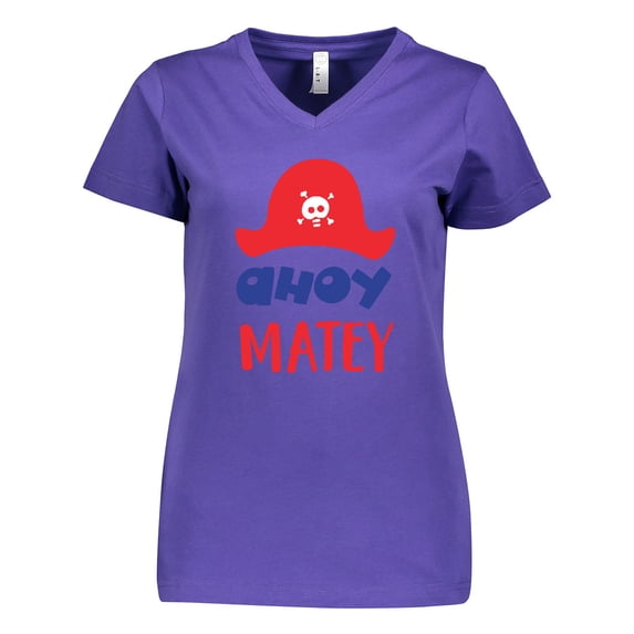 Inktastic Ahoy Matey, Pirate Hat, Skull and Bones - Red Blue Women's V-Neck T-Shirt