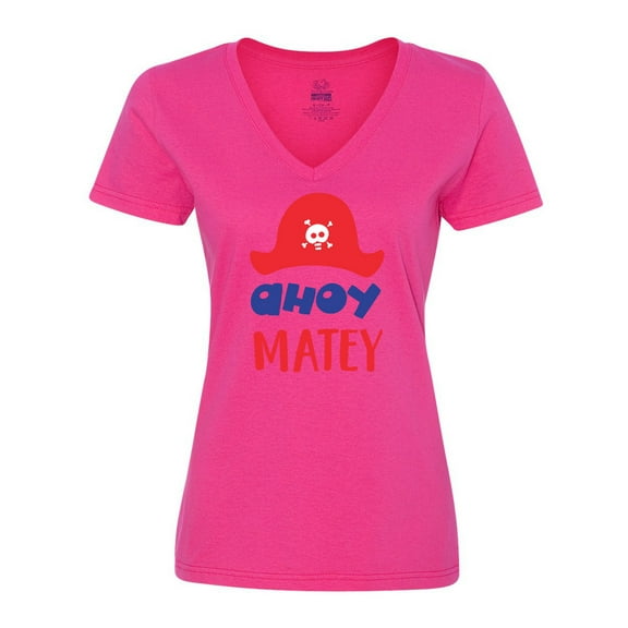 Inktastic Ahoy Matey, Pirate Hat, Skull and Bones - Red Blue Women's V-Neck T-Shirt