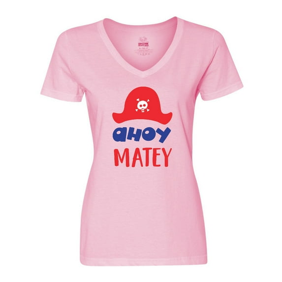 Inktastic Ahoy Matey, Pirate Hat, Skull and Bones - Red Blue Women's V-Neck T-Shirt