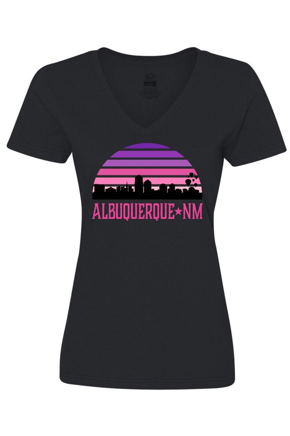 Albuquerque New Mexico Retro Sunset Skyline Women's V-Neck T-Shirt