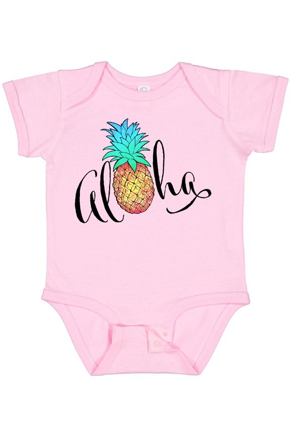 Aloha- in Cursive with Pineapple Rainbow Colors Boys or Girls Baby Bodysuit