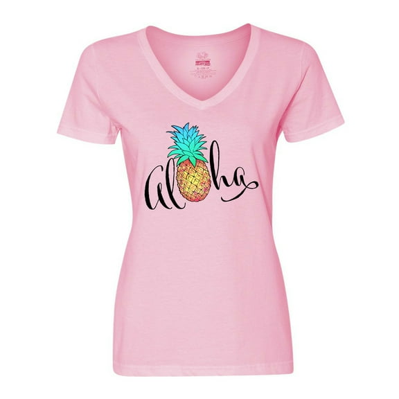 Inktastic Aloha- in Cursive with Pineapple Rainbow Colors Women's V-Neck T-Shirt