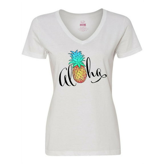 Inktastic Aloha- in Cursive with Pineapple Rainbow Colors Women's V-Neck T-Shirt