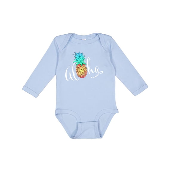 Inktastic Aloha- in cursive with pineapple rainbow colors Boys or Girls Long Sleeve Baby Bodysuit