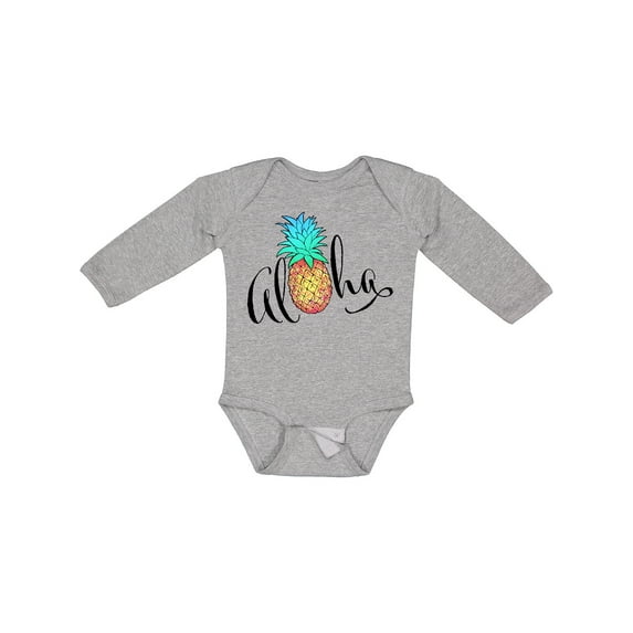 Inktastic Aloha- in cursive with pineapple rainbow colors Boys or Girls Long Sleeve Baby Bodysuit
