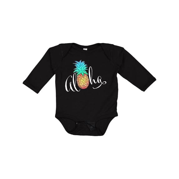 Inktastic Aloha- in cursive with pineapple rainbow colors Boys or Girls Long Sleeve Baby Bodysuit