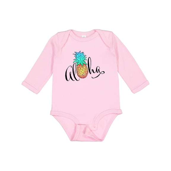 Inktastic Aloha- in cursive with pineapple rainbow colors Boys or Girls Long Sleeve Baby Bodysuit