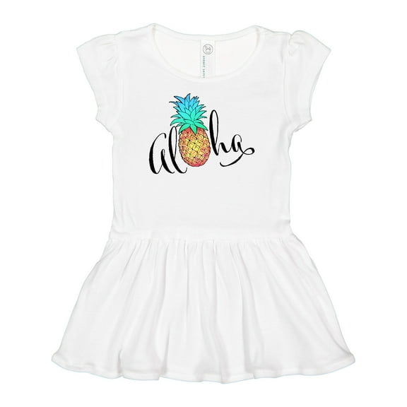 Inktastic Aloha- in cursive with pineapple rainbow colors Girls Baby Dress