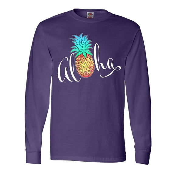 Inktastic Aloha- in cursive with pineapple rainbow colors Long Sleeve T-Shirt