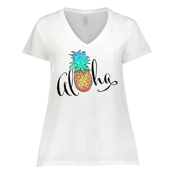 Inktastic Aloha- in cursive with pineapple rainbow colors Women's Plus Size V-Neck T-Shirt