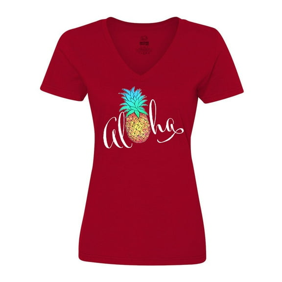 Inktastic Aloha- in cursive with pineapple rainbow colors Women's V-Neck T-Shirt