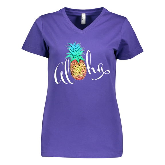 Inktastic Aloha- in cursive with pineapple rainbow colors Women's V-Neck T-Shirt