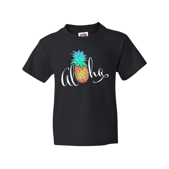 Inktastic Aloha- in cursive with pineapple rainbow colors Youth T-Shirt
