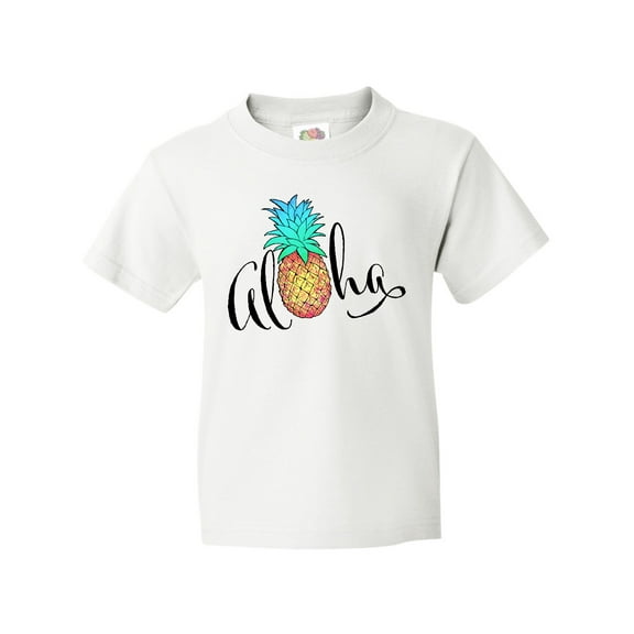 Inktastic Aloha- in cursive with pineapple rainbow colors Youth T-Shirt