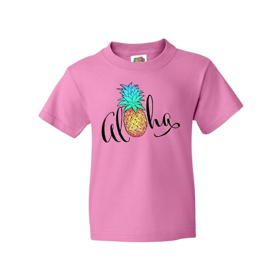 Inktastic Aloha- in cursive with pineapple rainbow colors Youth T-Shirt