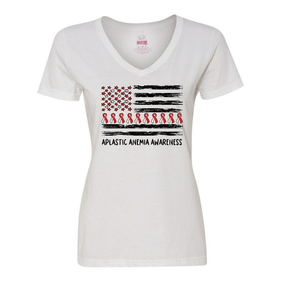 Inktastic Aplastic Anemia Awareness Red and White Ribbons and Flag Women's V-Neck T-Shirt