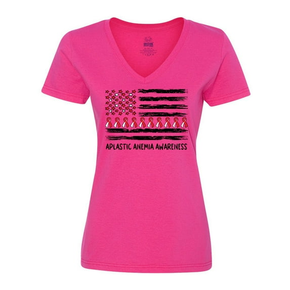 Inktastic Aplastic Anemia Awareness Red and White Ribbons and Flag Women's V-Neck T-Shirt