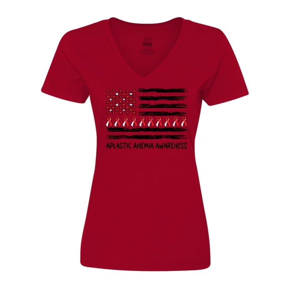 Inktastic Aplastic Anemia Awareness Red and White Ribbons and Flag Women's V-Neck T-Shirt