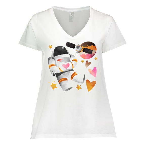 Inktastic Astronaut Valentine Outer Space Hearts Women's Plus Size V-Neck T-Shirt
