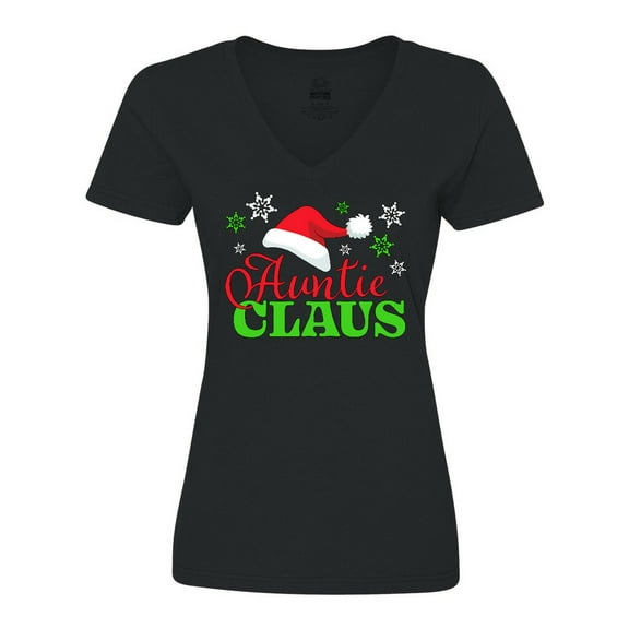 Inktastic Auntie Claus with Christmas Santa Hat and Snowflakes Women's V-Neck T-Shirt