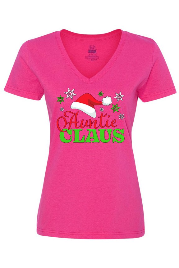 Auntie Claus with Christmas Santa Hat and Snowflakes Women's V-Neck T-Shirt