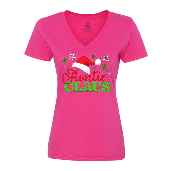 Inktastic Auntie Claus with Christmas Santa Hat and Snowflakes Women's V-Neck T-Shirt