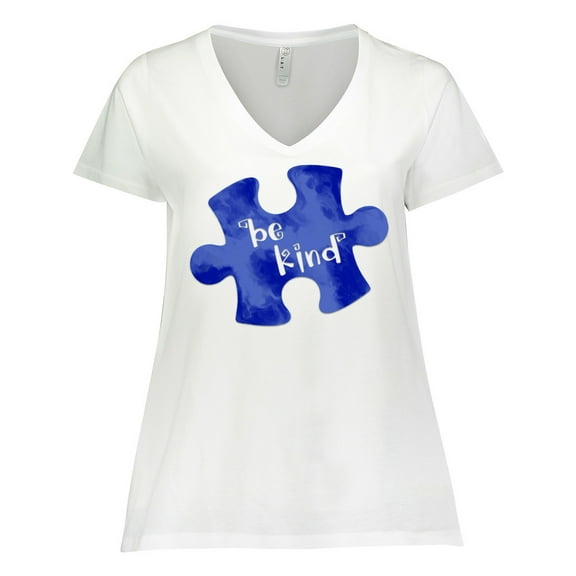 Inktastic Autism Awareness Be Kind Dark Blue Puzzle Piece Women's Plus Size V-Neck T-Shirt