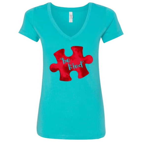 Inktastic Autism Awareness Be Kind Red Puzzle Piece Women's V-Neck T-Shirt
