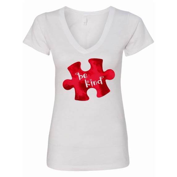 Inktastic Autism Awareness Be Kind Red Puzzle Piece Women's V-Neck T-Shirt