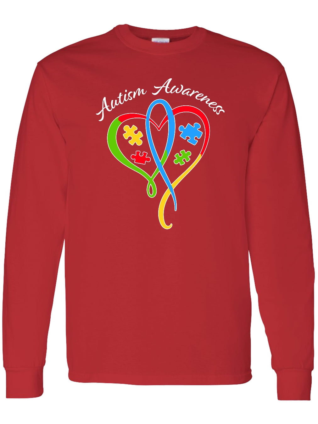 Inktastic Autism Awareness Heart Ribbon and Puzzle Pieces Long Sleeve T-Shirt