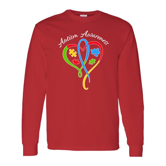 Inktastic Autism Awareness Heart Ribbon and Puzzle Pieces Long Sleeve T-Shirt