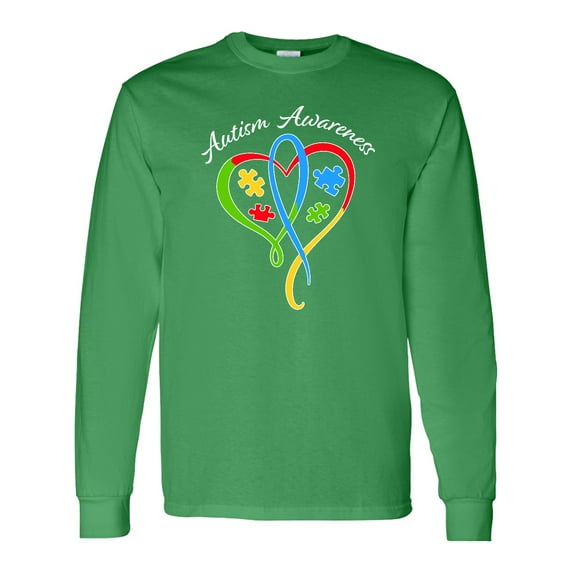 Inktastic Autism Awareness Heart Ribbon and Puzzle Pieces Long Sleeve T-Shirt